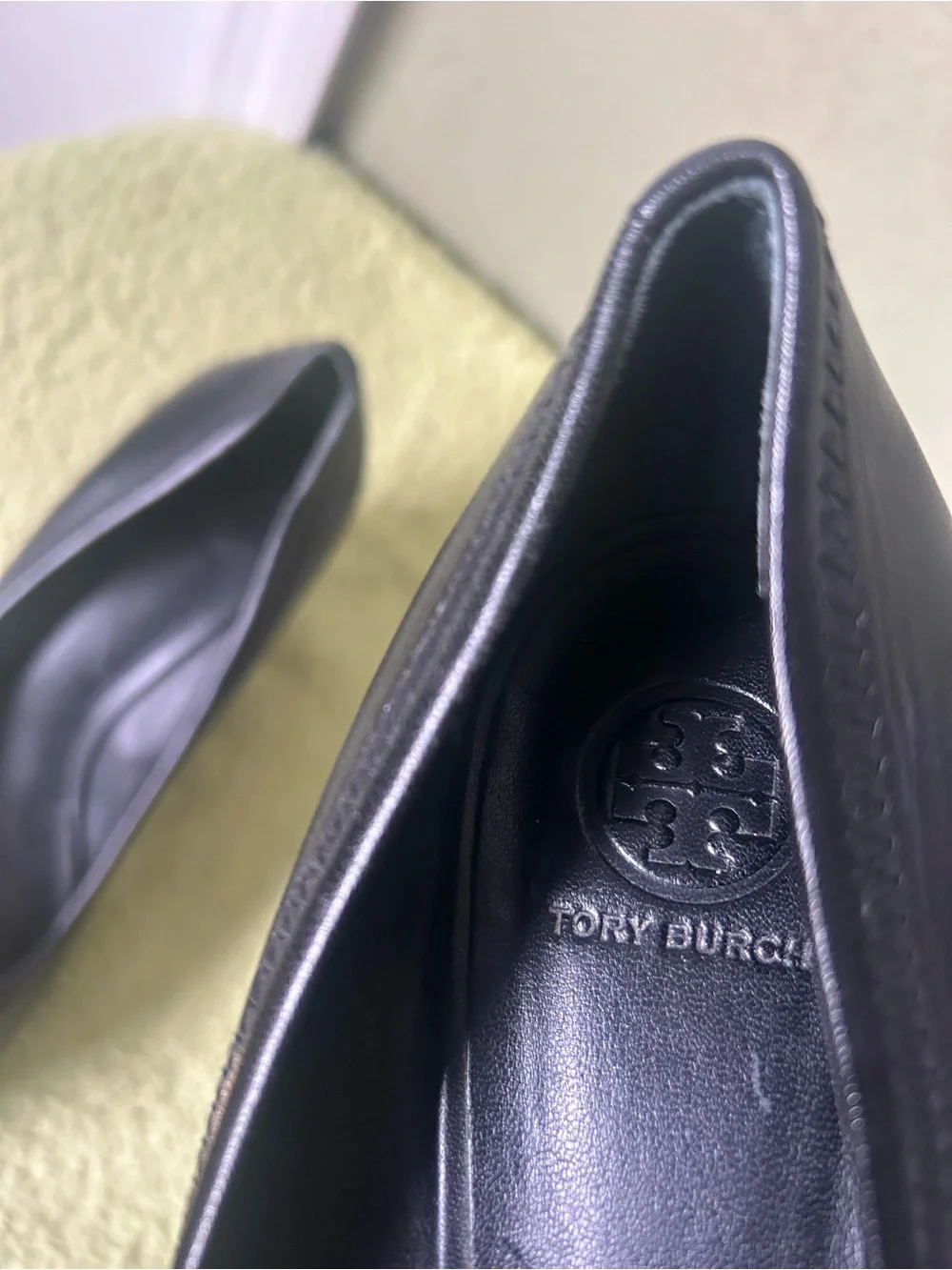 Tory Burch Black Leather Logo Round-Toe Wedge Heels with Gold Emblem